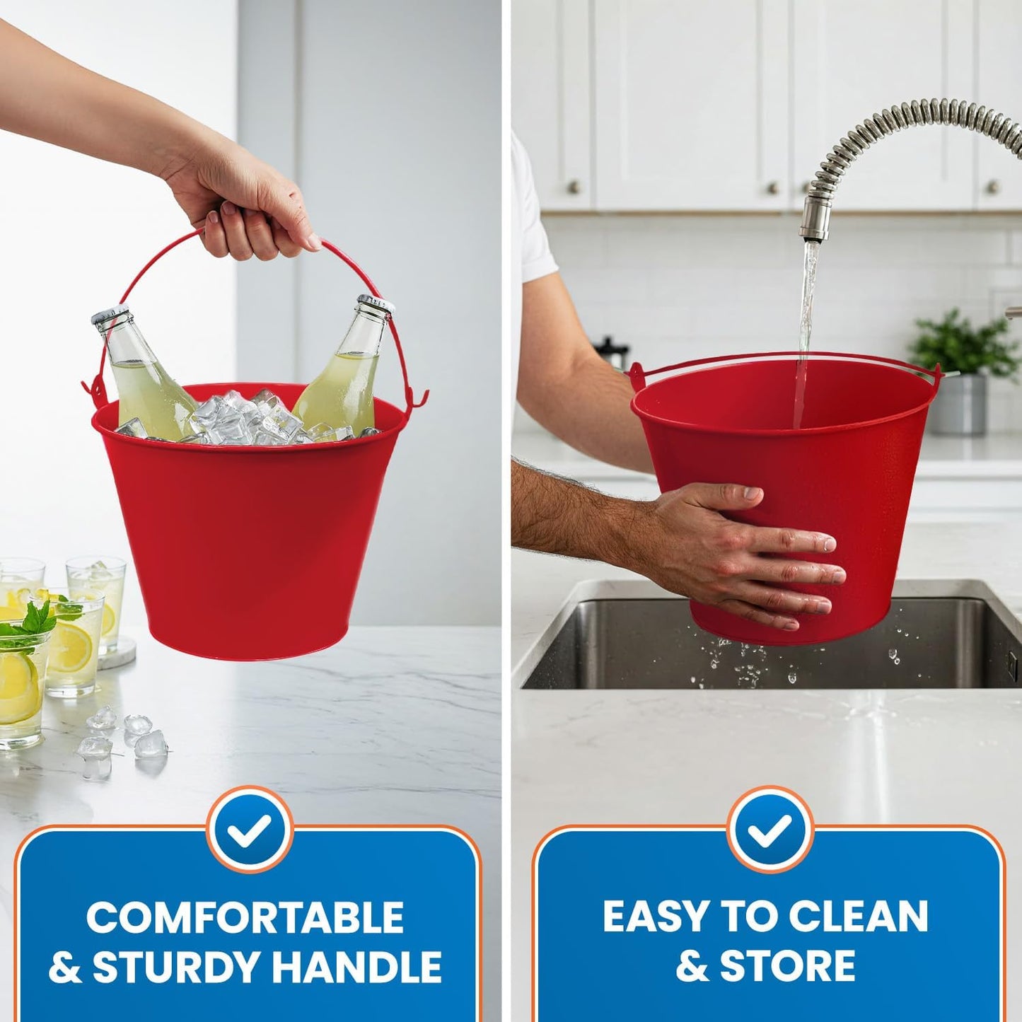 PLEXON Galvanized Metal Ice Bucket for Parties Coctail Bar Restaurant - Drink Beer Champagne Bucket with Handle, Beverage Chiller Cooler Small 1.3 Gallon, Red, Set of 2