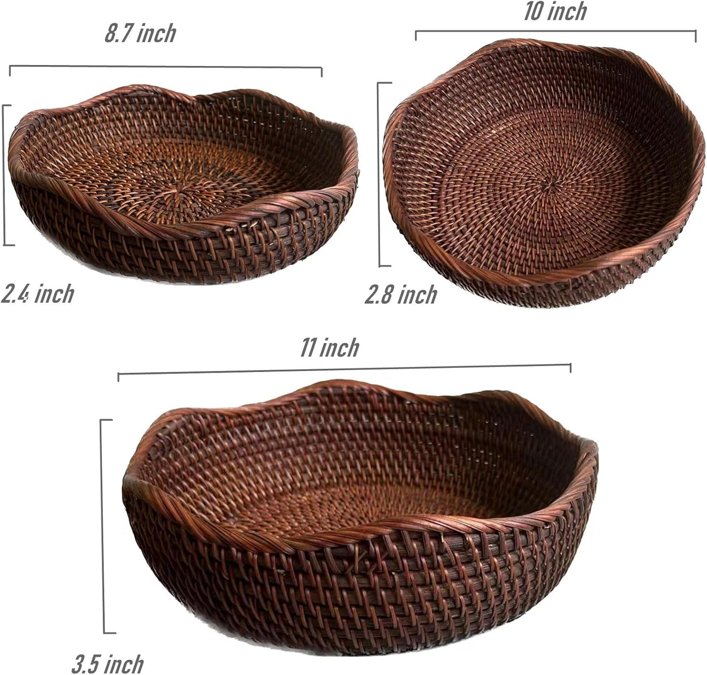 3 Pack Rattan Round Fruit Basket Food Storage Bowls Kitchen Organizer Snack Serving Bowl 9 10 11 Inch Wavy Edge Circle Tray Basket with 3” Deep Wall, Dark Brown Décor Display Tray Bowl 3-Size