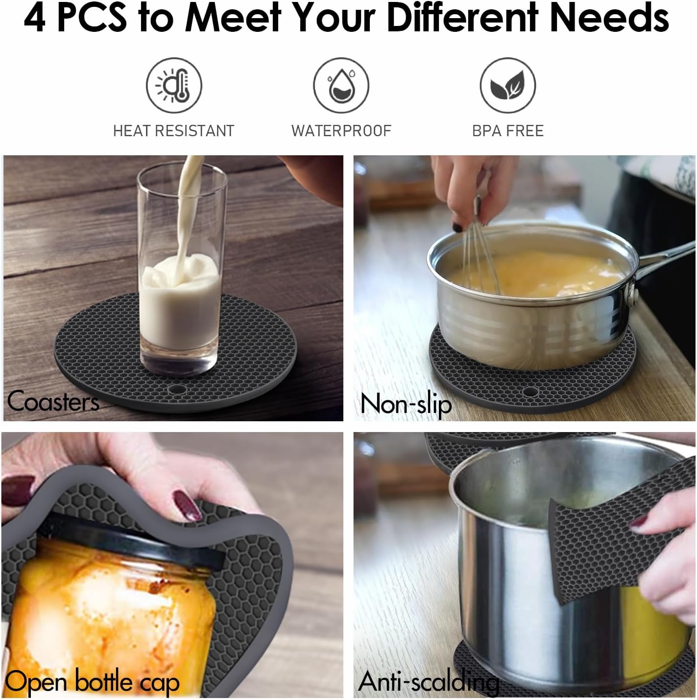 Silicone Trivets for Hot Pots and Pans, 0.31" Thick Trivet Mat for Hot Dishes Set of 4, Heat Resistant Durable Flexible Silicone Mat Pot Mat for Countertop, Easy to Wash and Dry, Dark Gray