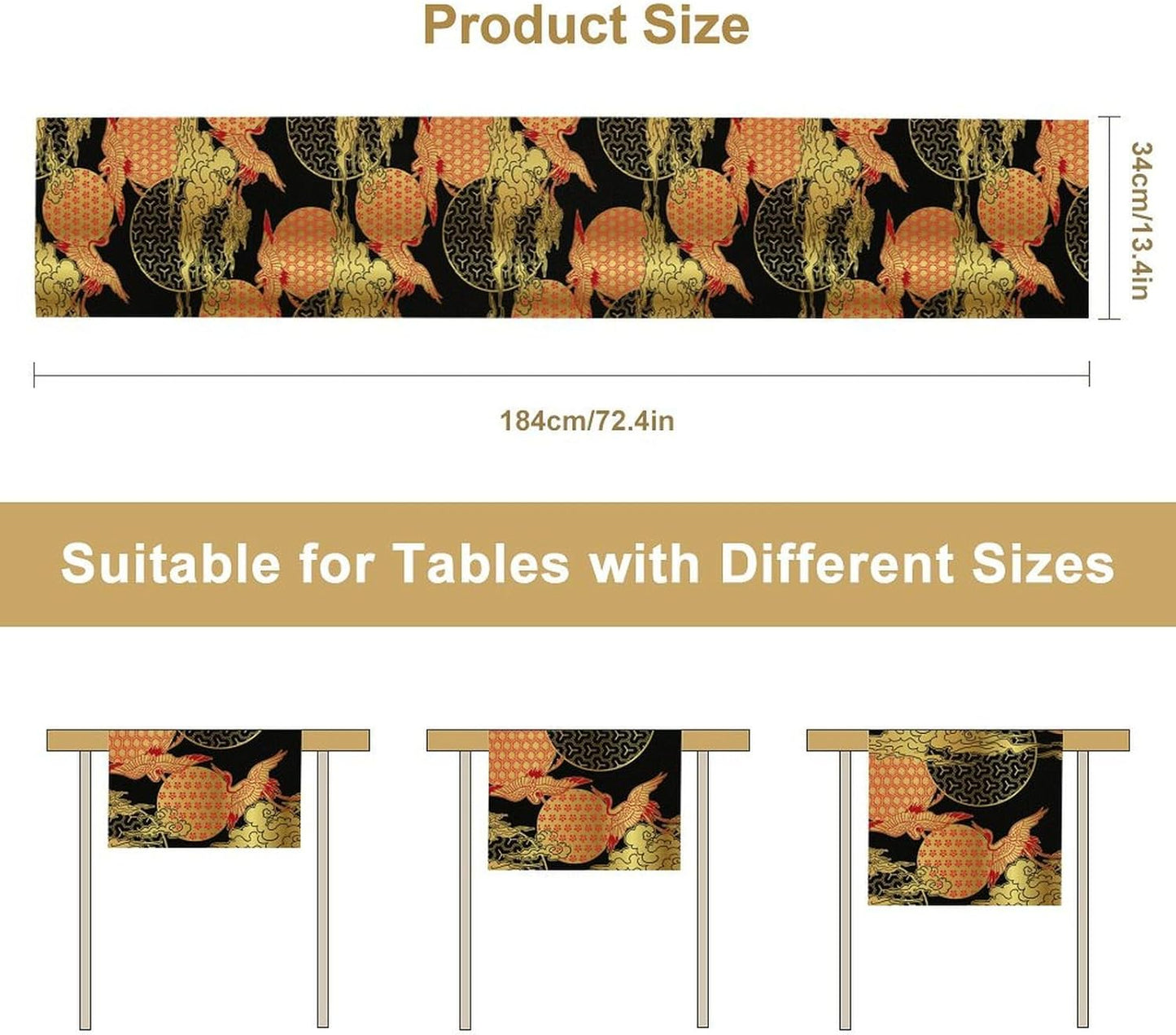 Japanese Crane Table Runner, Luxury Asian Style Oriental Line Art Abstract Geometry Glod Wave Traditional Elements Table Runner for Kitchen Home Party Dinner Set, 13x120 Inch