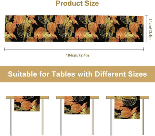 Japanese Crane Table Runner, Luxury Asian Style Oriental Line Art Abstract Geometry Glod Wave Traditional Elements Table Runner for Kitchen Home Party Dinner Set, 13x120 Inch