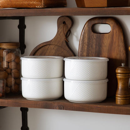 Large Ceramic Bowls with Lids: 32 oz Microwave Safe Food Storage Containers for Soup Salad Meal Prep Lunch Picnic Camping - 6 Inch, Set of 4 (White)