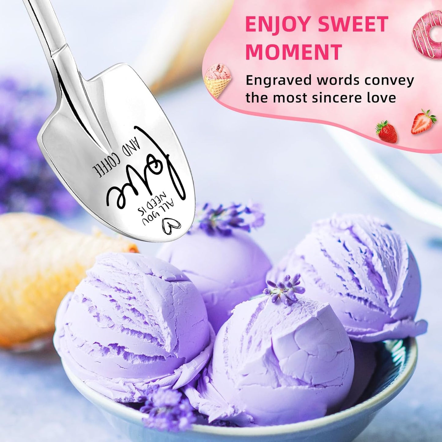 Love And Coffee Spoon for Couple, Birthday Valentines Day Gifts for Boyfriend Husband Him Wife Girlfriend Romantic Gifts Ice Cream Shovel Engraved Spoon