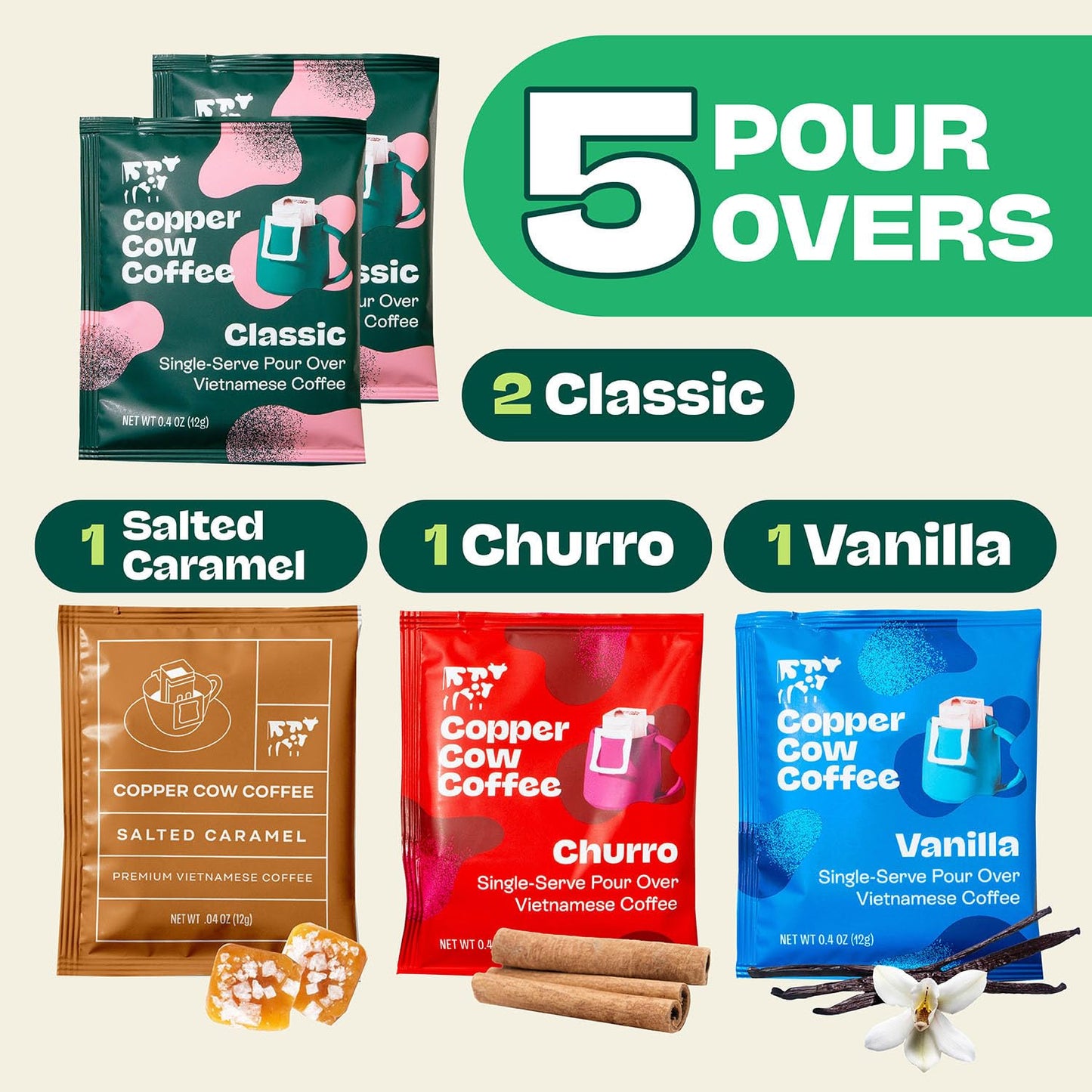Copper Cow Coffee Premium Pour Over Single-Serve Vietnamese Coffee | Best Brews Variety Pack (Includes 5 coffees) | Classic Black, Churro, Vanilla, & Salted Caramel, Travel Friendly