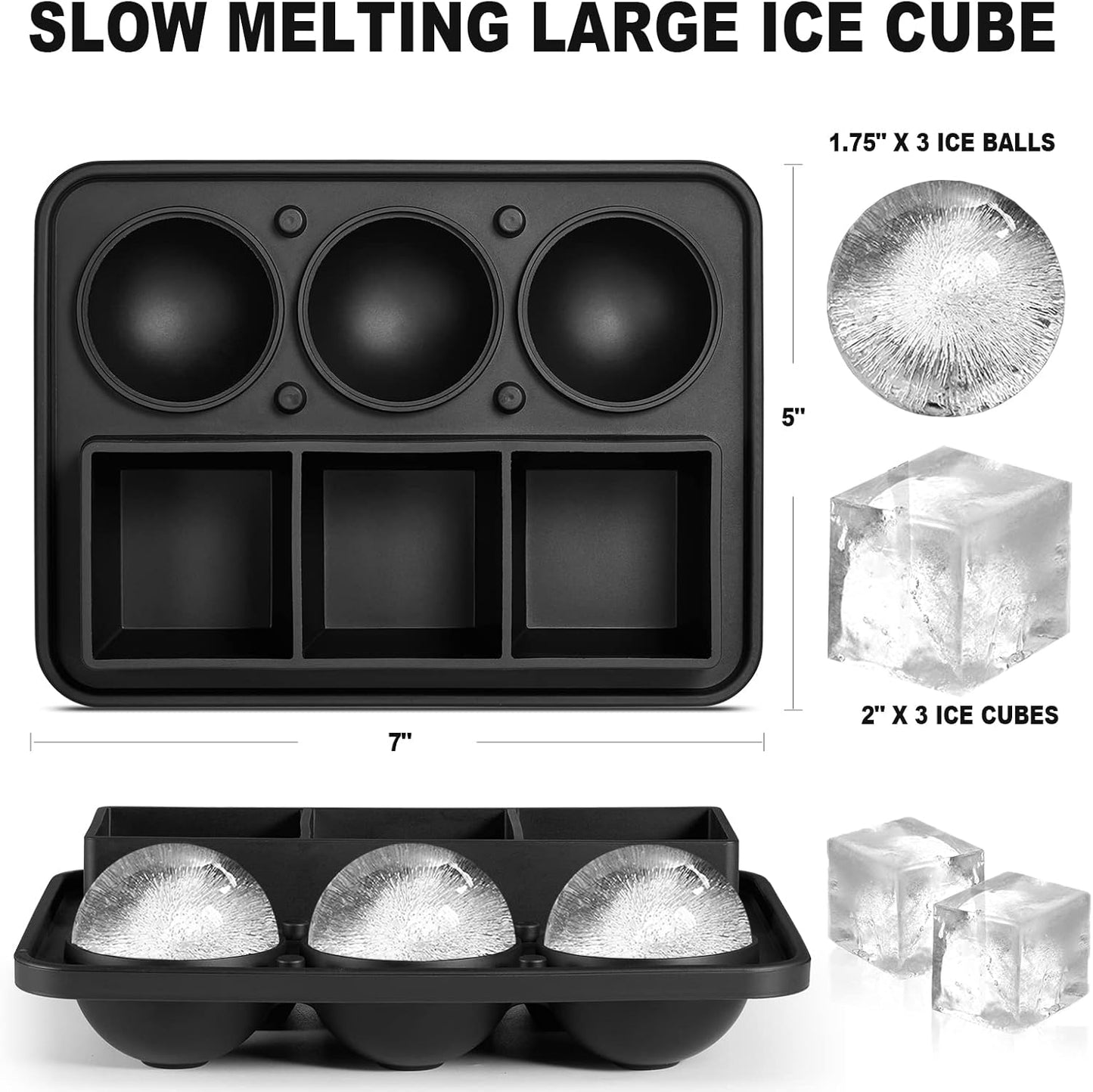 Nax Caki Ice Cube Molds Tray, Large Silicone Whiskey Ice Mold,2-in-1 Round Sphere Ice Ball Maker & Square Ice Trays for Cocktails, Bourbon, Whiskey Gifts for Men