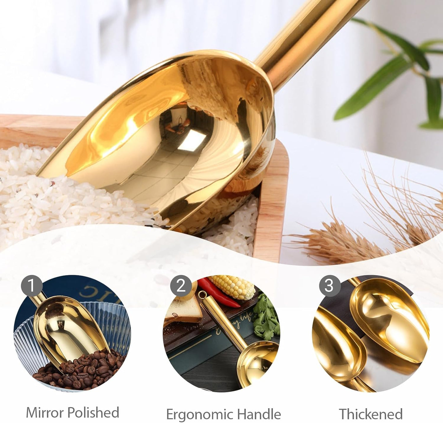 Stainless Steel Ice Scoop 8OZ Small Food Candy Scoop for Kitchen Bar Party Wedding Metal Ice Scooper for Ice Bucket Gold