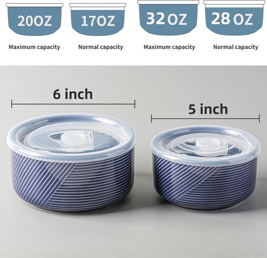 Ceramic Nesting Bowls with Lid: Microwave Safe Food Storage Containers for Work Lunch Picnic Camping Meal Prep Soup Salad Cereal Leftovers - 5 & 6 Inch, 20 & 32 oz, Set of 4, Navy