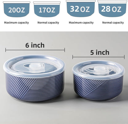 Ceramic Nesting Bowls with Lid: Microwave Safe Food Storage Containers for Work Lunch Picnic Camping Meal Prep Soup Salad Cereal Leftovers - 5 & 6 Inch, 20 & 32 oz, Set of 2, Navy