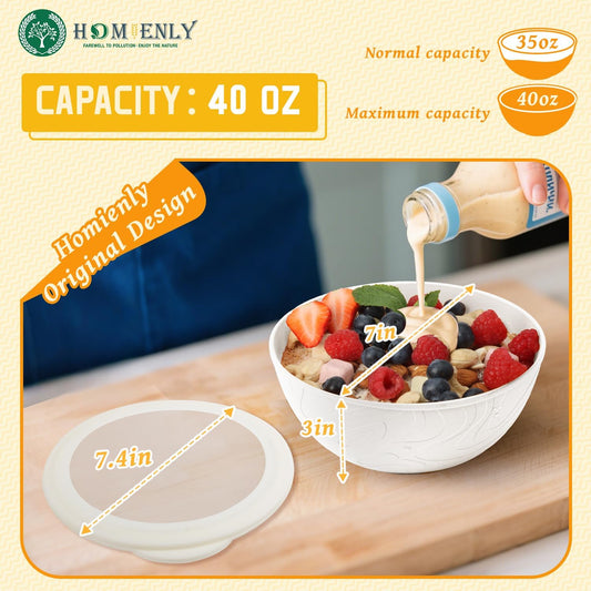 Homienly Wheat Straw Cereal Bowls with Lids, Unbreakable Plastic Bowls Set of 4, Microwave and Dishwasher Safe Food Storage Container for Lunch, Soup, Ramen, 40 OZ Bowls with Curved Texture, White