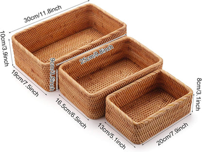 Natural Rattan Fruit Storage Baskets Rectangular Woven Wicker Box for Key Holder Remote Stackable Natural Set of 3