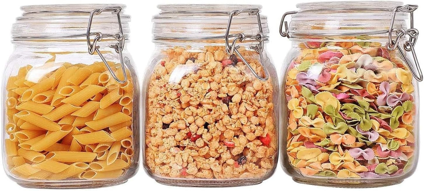 ComSaf Airtight Glass Canister Set of 3 with Lids 34oz Food Storage Jar Square - Storage Container with Clear Preserving Seal Wire Clip Fastening for Kitchen Canning Cereal,Pasta,Sugar,Beans,Spice