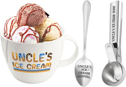 Uncle Gifts, Christmas Uncle Gifts from Niece/Nephew, Uncle's Ice Cream Bowl Scoop Shovel Spoon Set, Uncle’s Ice Cream Gift Xmas Birthday Father's Day Present for Him