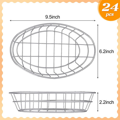Hushee 24 Pcs Silver Wire Bread Basket 9.5 x 6.2 x 2.2 Inch Oval Metal Dinner Roll Baskets Storage with 100 Sheets Deli Wrappers Paper for Kitchen Table Fast Food