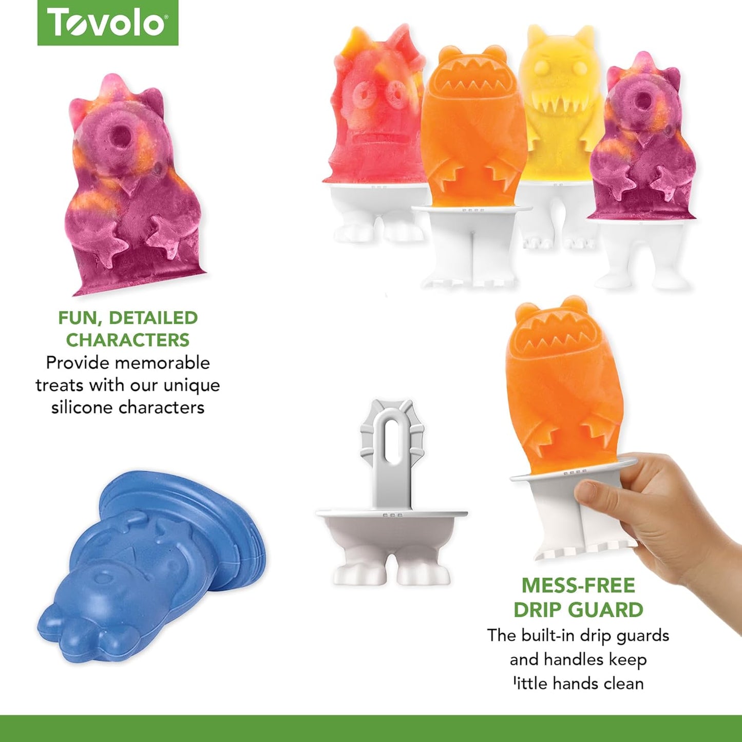 Tovolo Monsters Ice Pop Flexible Silicone Molds, 4 Monster Popsicle Characters, Dishwasher Safe - Set of 4