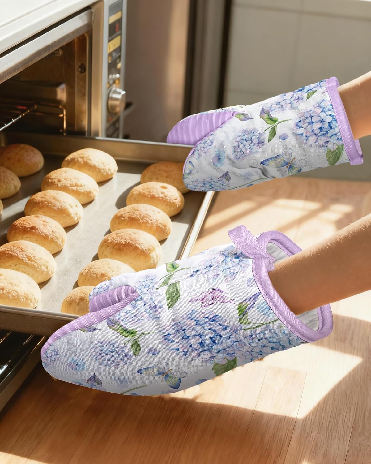 Slohif Butterfly Mini Oven Mitts Set – Purple Flower Extended Short Heat Resistant Kitchen Gloves for Women, 100% Cotton Oven Mitts with Silicone Grips, Non-Slip and Thick Durable for Cooking & Baking