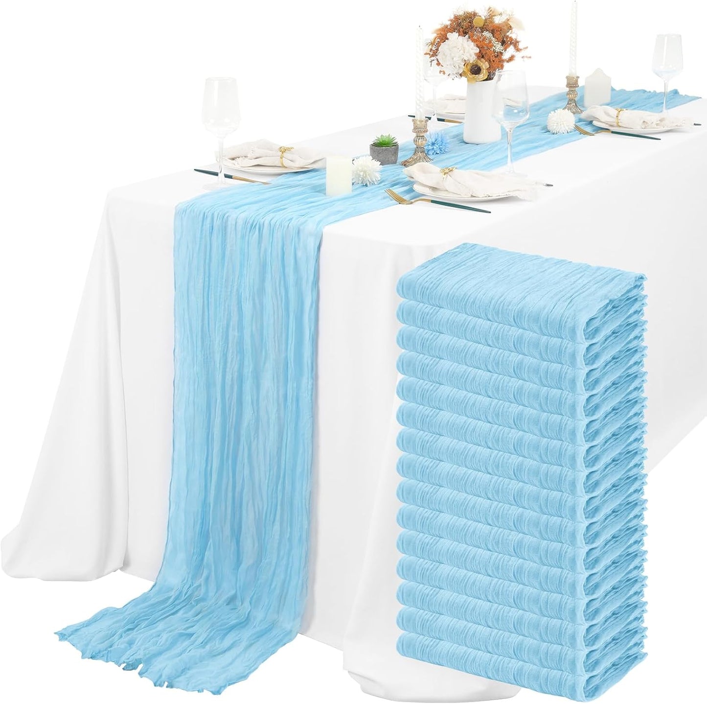 15 Packs Cheesecloth Table Runner Light Blue,10 Ft Rustic Gauze Boho Wedding Table Runner Decoration,Wedding Table Decor Table Cloth for Wedding Party Bridal Shower Table,21.5x120in