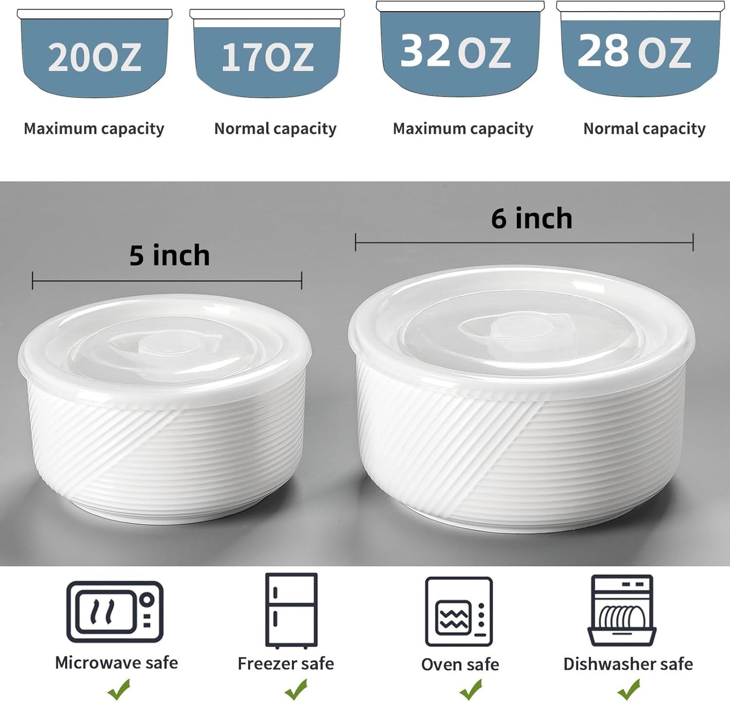 Ceramic Nesting Bowls with Lid: Microwave Safe Food Storage Containers for Work Lunch Picnic Camping Meal Prep Soup Salad Cereal Leftovers - 5 & 6 Inch, 20 & 32 oz, Set of 2, White