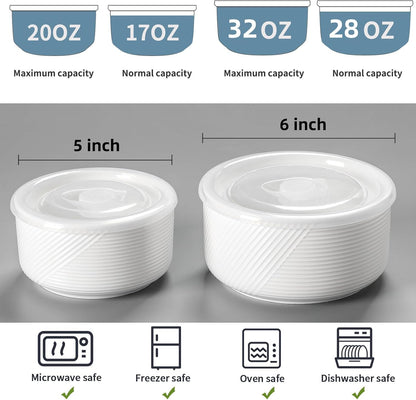 Ceramic Nesting Bowls with Lid: Microwave Safe Food Storage Containers for Work Lunch Picnic Camping Meal Prep Soup Salad Cereal Leftovers - 5 & 6 Inch, 20 & 32 oz, Set of 2, White