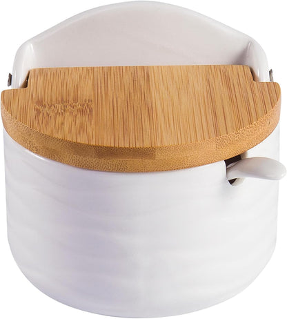 Ceramic Sugar Salt Bowl with Bamboo Lid and Spoon, LUCKY GODDNESS 9.1 fl oz Porcelain Container Jar for Pepper with Chalkboard Label, for Housewarming