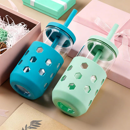 Glass Cups with Lids and Straws (4 Pcs), 16oz Drinking Glasses Set with Silicone Sleeves for Coffee Bar Accessories Iced Coffee Cups with Lids, Glass Tumbler Reusable for Gifts