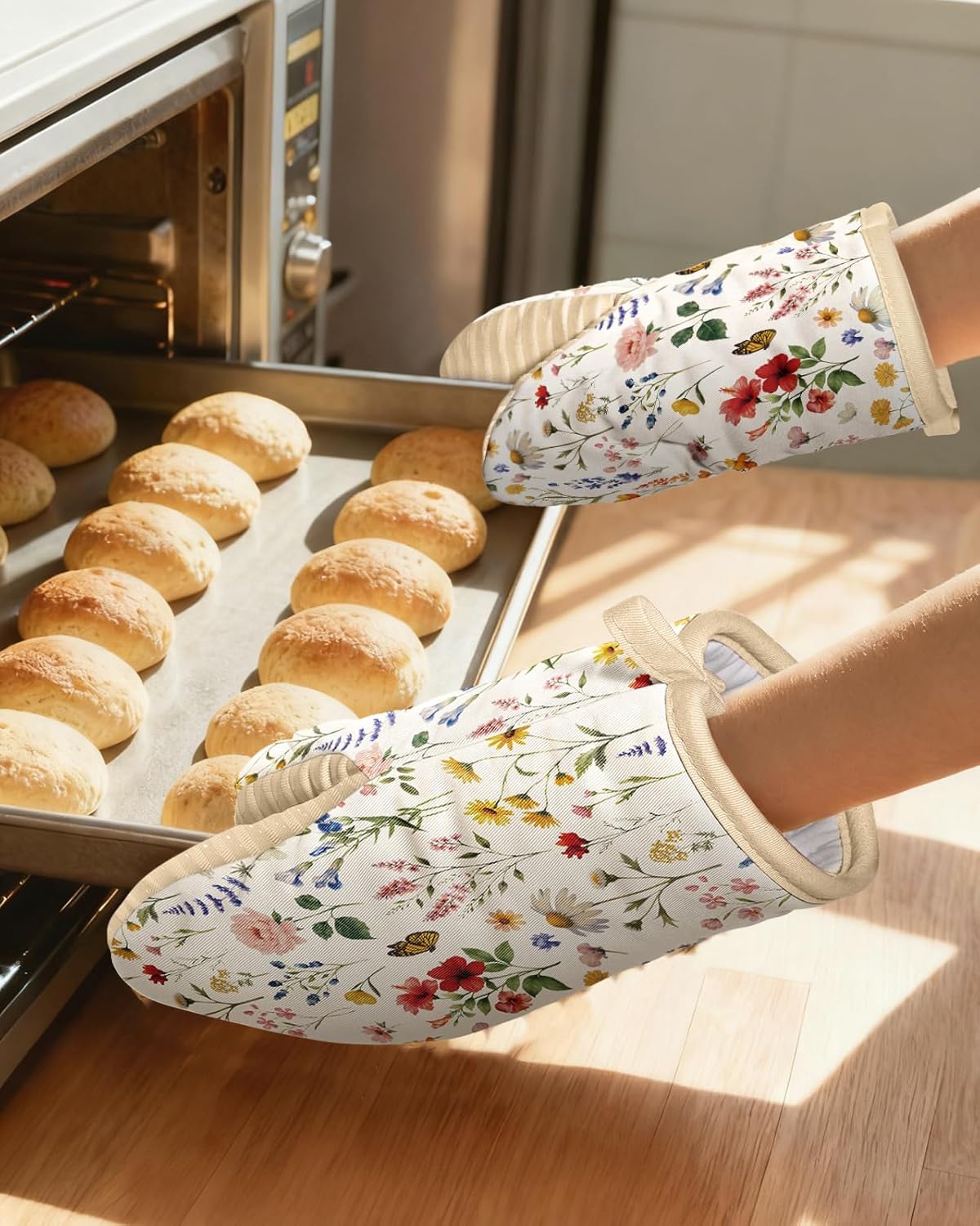 Slohif Vintage Floral Mini Oven Mitts Set – Beige Extended Short Heat Resistant Kitchen Gloves for Women, 100% Cotton Oven Mitts with Silicone Grips, Non-Slip and Thick Durable for Cooking & Baking