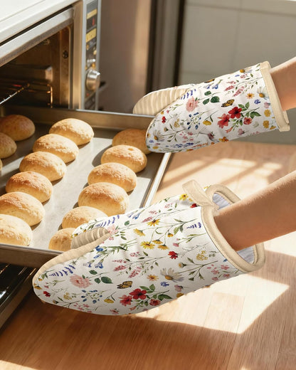 Slohif Vintage Floral Mini Oven Mitts Set – Beige Extended Short Heat Resistant Kitchen Gloves for Women, 100% Cotton Oven Mitts with Silicone Grips, Non-Slip and Thick Durable for Cooking & Baking