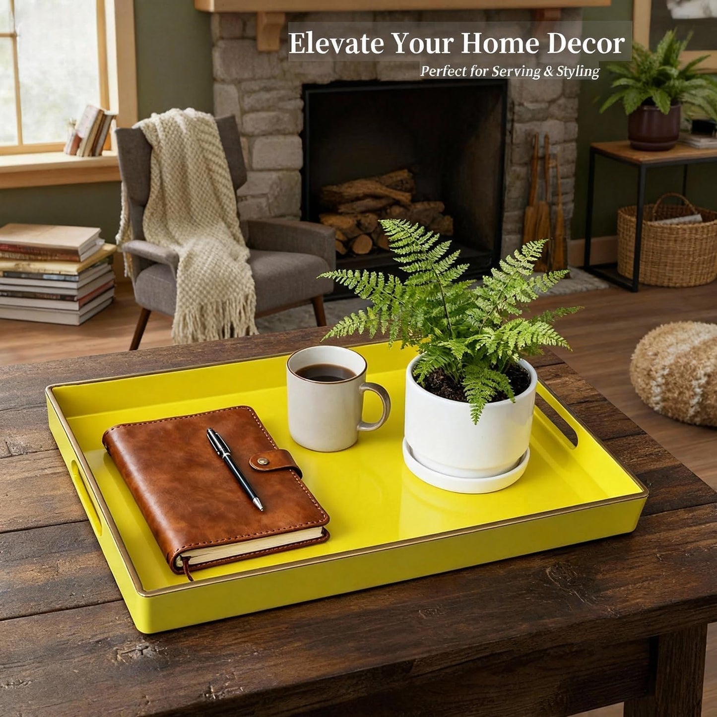 Zosenley Decorative Plastic Serving Tray with Handles, Modern Vanity Organizer for Bathroom, Kitchen, Ottoman and Coffee Table (Yellow, Rectangular)