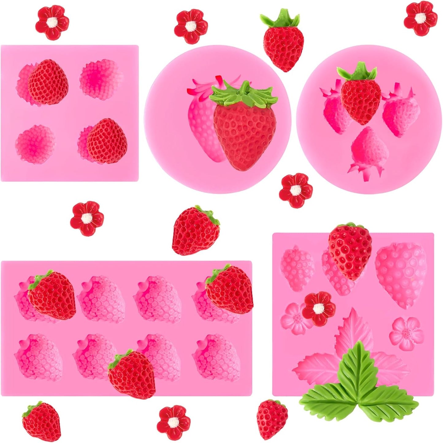 5 PCS Strawberry Baking Molds, Flowers Silicone Mold 3D Edible Strawberry Fruit Fondant Molds for Chocolate Candy Cupcake Cake Decoration Soap Wax Clay Resin Candle Making