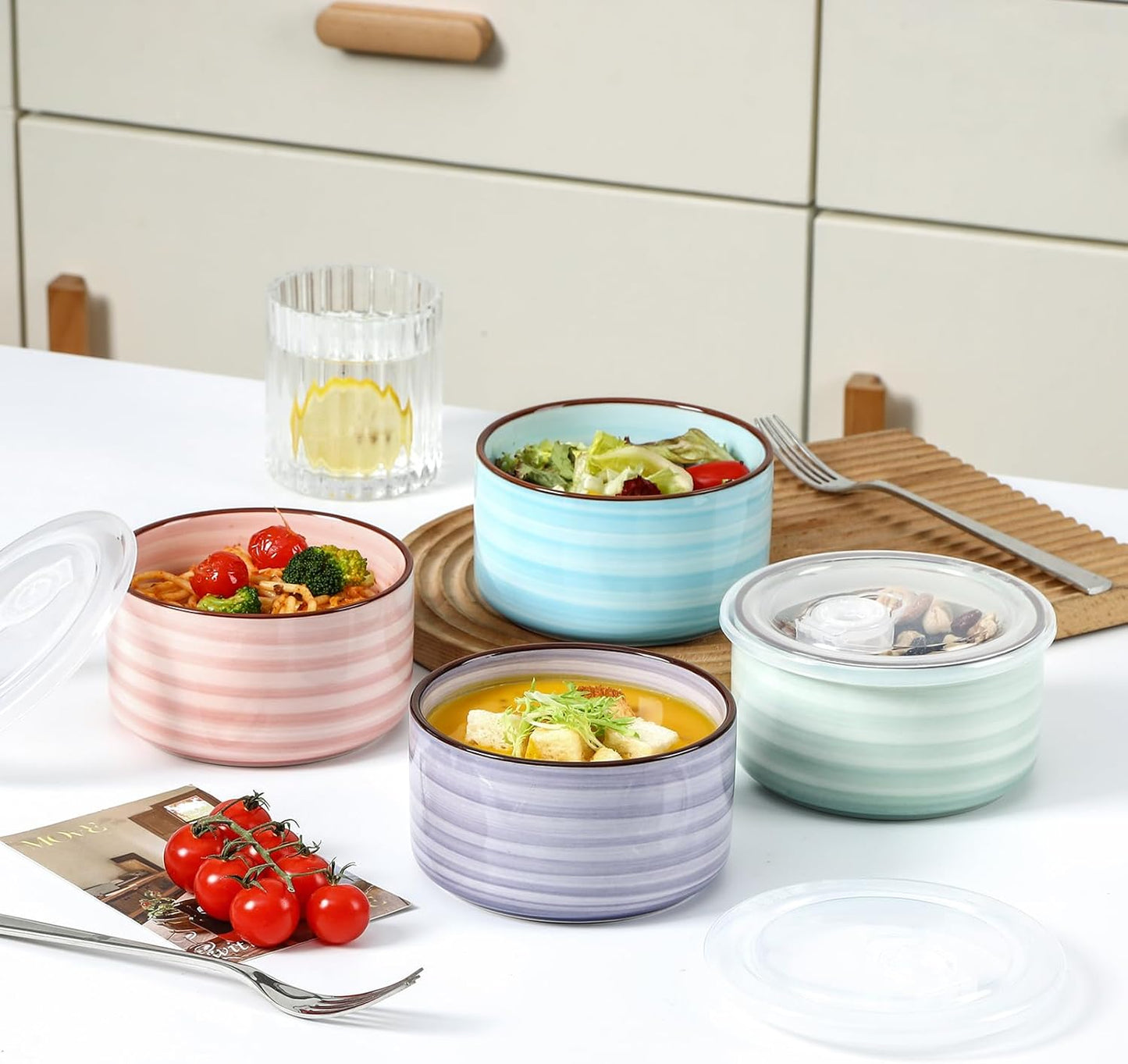 Selamica Ceramic Bowls with Lids, 14 OZ Microwave Safe Bowls with Lids for Lunch Picnic, 5 Inch Ceramic Food Storage Containers for Leftovers, Soup, Salad, Meal Prep, Cereal, Set of 4, Gradient Color