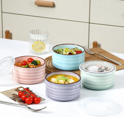 Selamica Ceramic Bowls with Lids, 14 OZ Microwave Safe Bowls with Lids for Lunch Picnic, 5 Inch Ceramic Food Storage Containers for Leftovers, Soup, Salad, Meal Prep, Cereal, Set of 4, Gradient Color