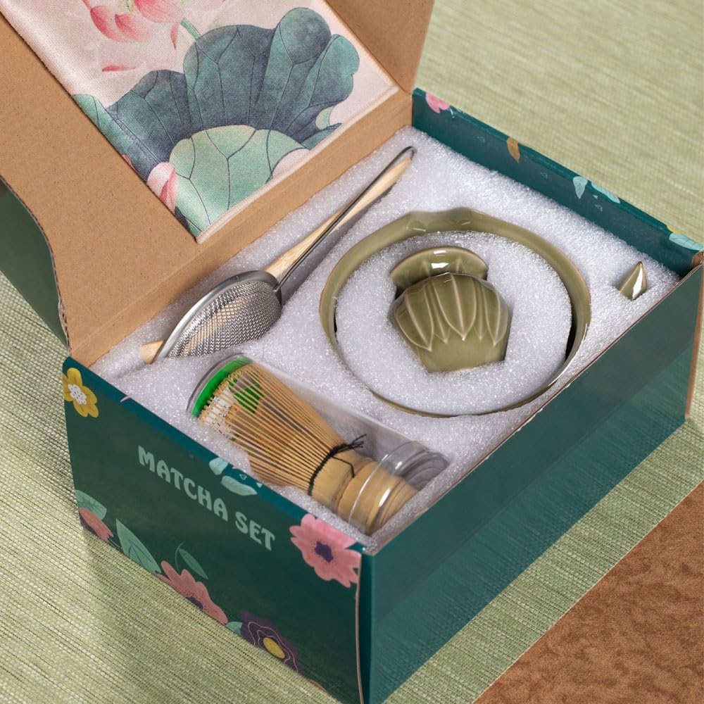 ZentButCool Matcha Set Includes Ceramic Matcha Bowl, Bamboo Whisk (Chasen), Scoop, Stainless Steel Matcha Sifter, And Whisk Holder (Off - White)
