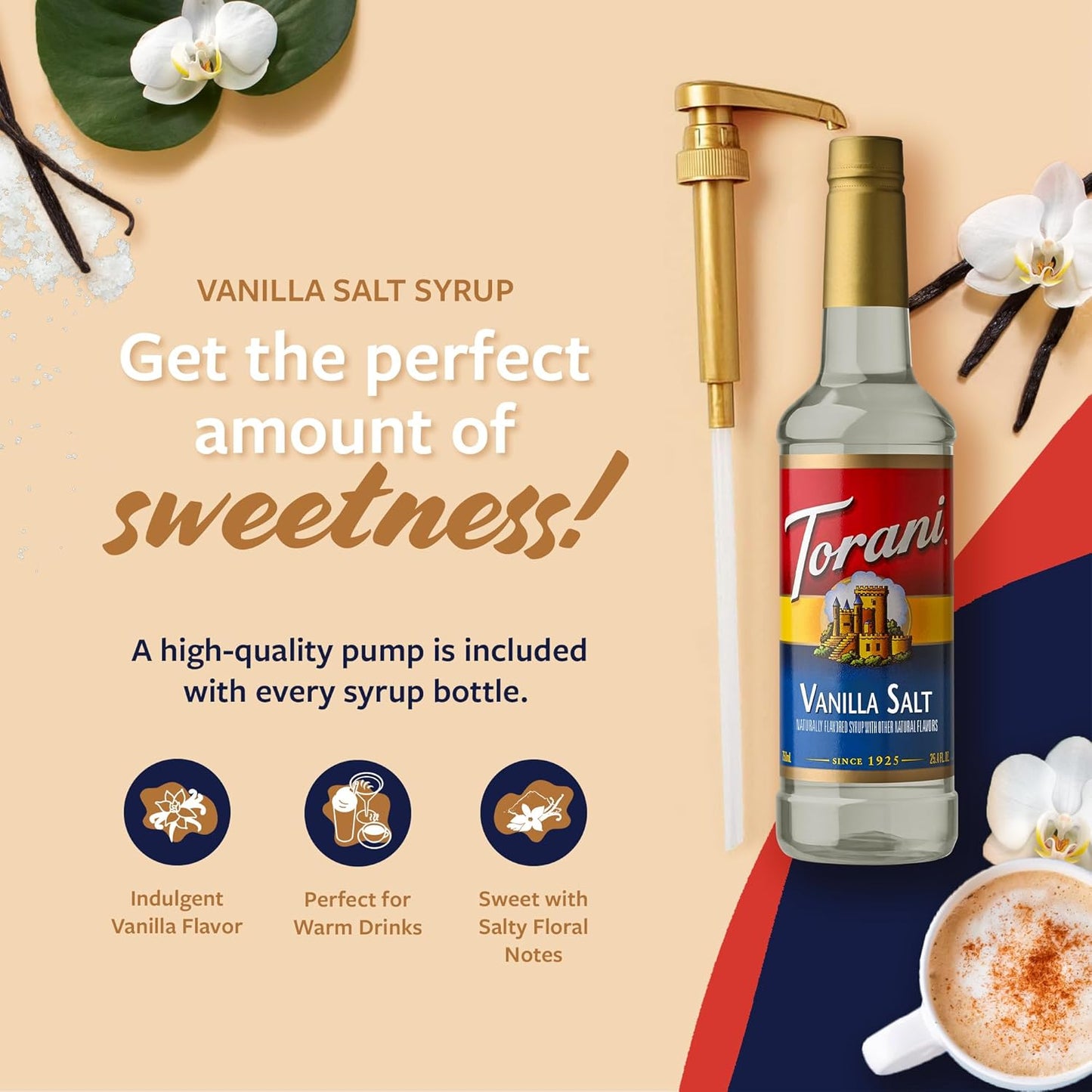 Torani Coffee Syrup, Vanilla Salt Flavoring for Drinks, Pump Included, 25.4 Fl Oz