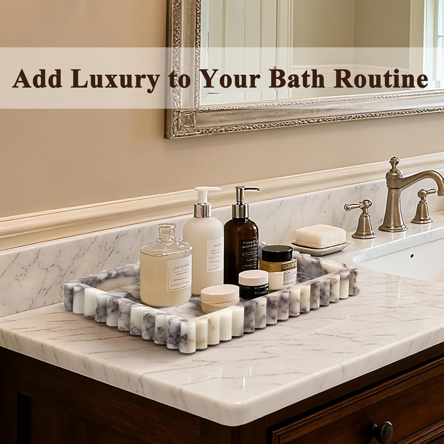 Natural Marble Tray for Bathroom, Real Stone Decorative Vanity Tray with Fluted Edge, Large Marble Serving Storage Tray for Kitchen Counter, Dresser, Home Decor, 11.8" x 8", Calacatta Viola