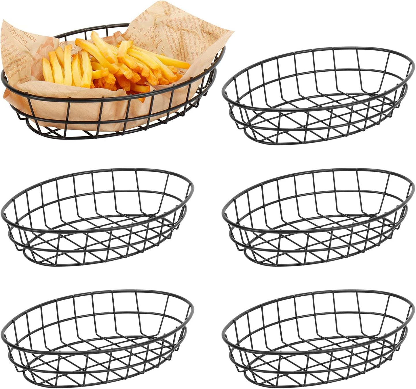 6 Pack Metal Fast Food Oval Baskets, Wire Bread Basket for Serving, Reusable Chip Burger Fruit Vegetables Bowl Storage for Kitchen Table, Restaurants, Snack Bar, 9.5" x 6.3" x 2"