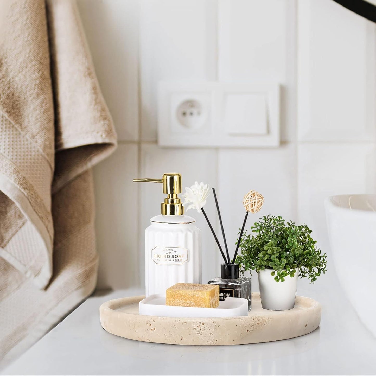 Travertine Tray, Small Ceramic Vanity Tray for Bathroom Counter Decor, Round Marble Decorative Trays for Coffee Table (Beige, Medium Size)