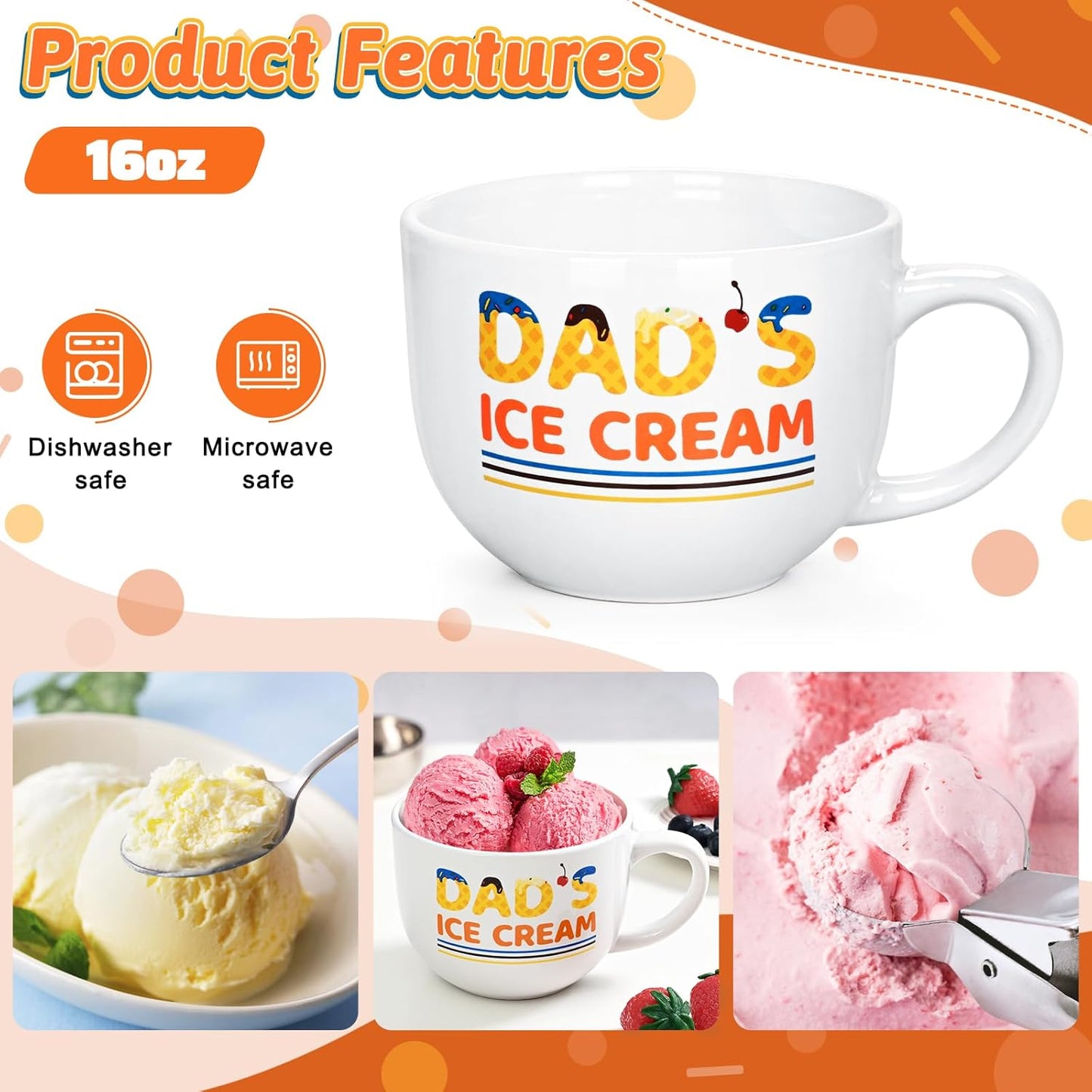 YHRJWN Dad Gifts for Fathers Day from Daughter Son, Gifts for Dad, Dad's Ice Cream Bowl Scoop Shovel Spoon Set, Daddy Birthday Fathers Day Christmas Gift, 16 Oz White