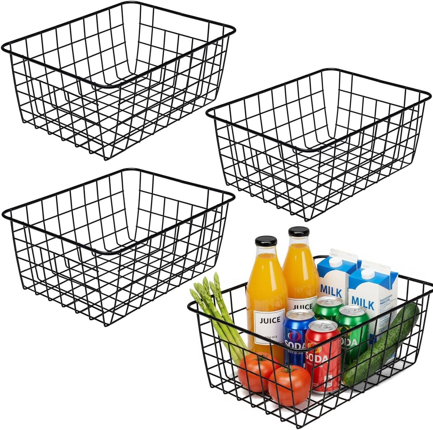 Kitchen Wire Baskets Farmhouse Decor Metal Food Storage Organizer, Household Refrigerator Bin with Built-in Handles for Cabinets,Pantry Set of 4 (Black)