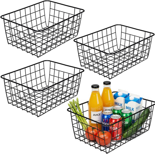 Kitchen Wire Baskets Farmhouse Decor Metal Food Storage Organizer, Household Refrigerator Bin with Built-in Handles for Cabinets,Pantry Set of 4 (Black)