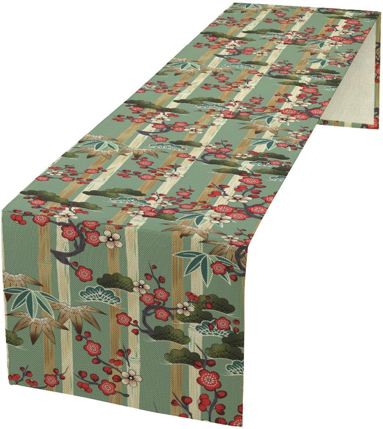 Bamboo Plum Blossom Table Runner, Chinese Janan Style Oriental Plants Traditional Culture Colorful Table Runner for Study Living Room Kitchen Bedroom Home Set, 13x70 Inch