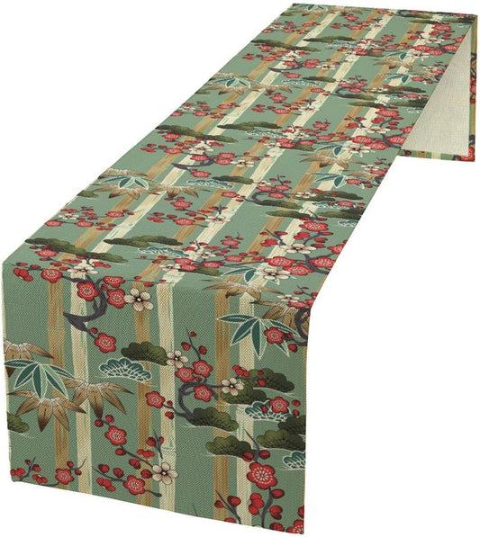 Bamboo Plum Blossom Table Runner, Chinese Janan Style Oriental Plants Traditional Culture Colorful Table Runner for Study Living Room Kitchen Bedroom Home Set, 13x70 Inch