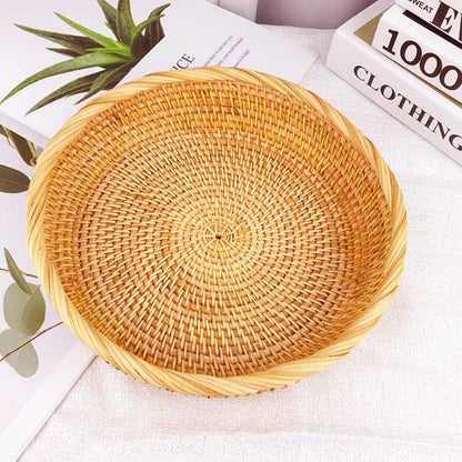 I-lan 10 Inch Round Bread baskets with 2" Wall, Rattan Fruit Basket with Rolled Edge, Decorative Natural Basket Wicker Bowl for Nuts, Candy Catch All Dish, Storage, Coffee Table, Brown, L