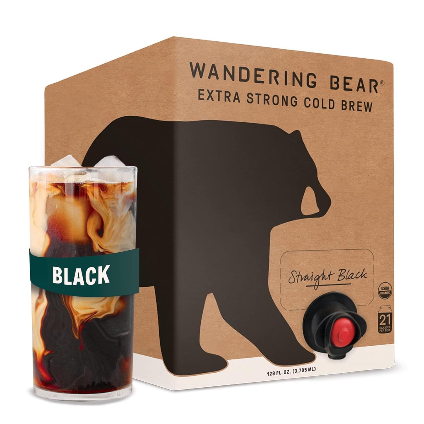 Wandering Bear Straight Black Organic Cold Brew Coffee On Tap, Iced Coffee Drink - Extra Strong, Bold, Smooth, No Sugar Added, Shelf-Stable, Ready to Drink, 100% Organic - 128 fl oz (1 gallon)