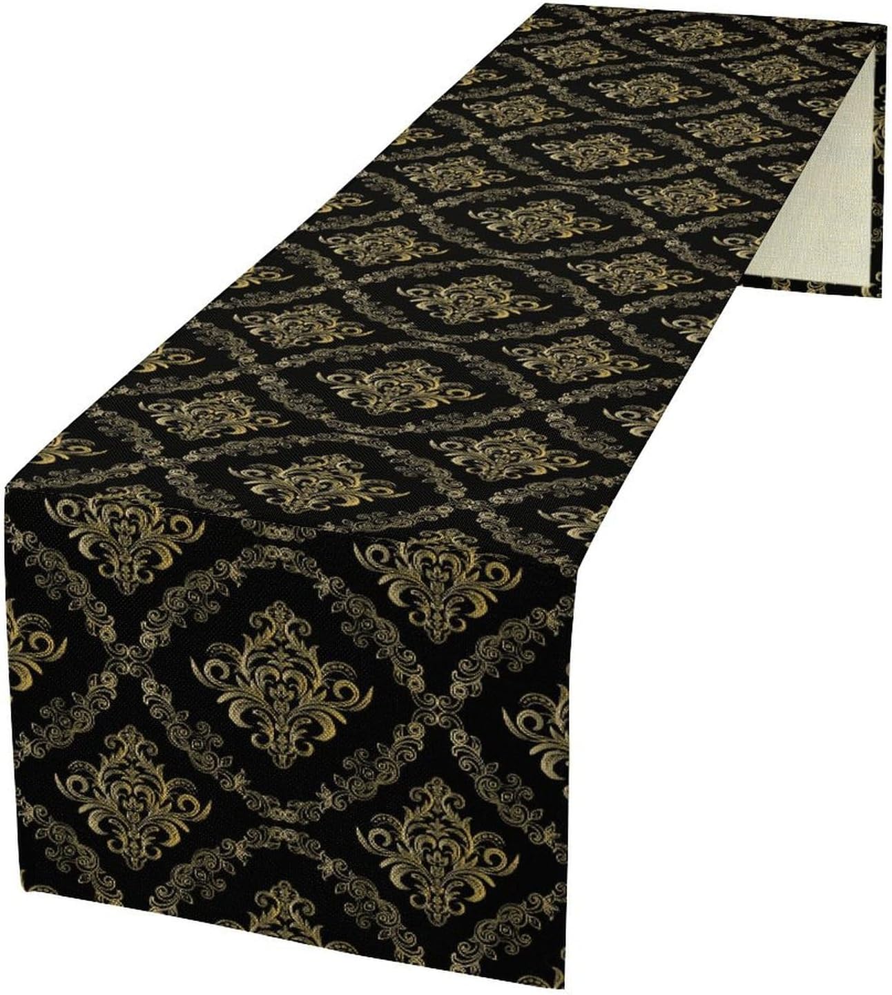 Abstract Table Runner, Traditional Ethnic Patterns Golden Floral Black Cool Vintage Table Runner for Kitchen Living Room Party Home 13x60 Inch