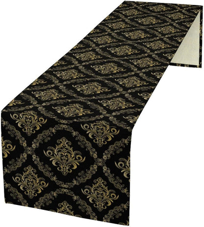 Abstract Table Runner, Traditional Ethnic Patterns Golden Floral Black Cool Vintage Table Runner for Kitchen Living Room Party Home 13x60 Inch