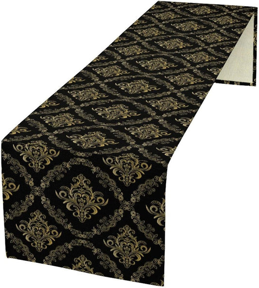 Abstract Table Runner, Traditional Ethnic Patterns Golden Floral Black Cool Vintage Table Runner for Kitchen Living Room Party Home 13x60 Inch