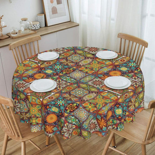 Mexican Ceramic Round Tablecloth, Colorful Talavera Tile Mandala Traditianal Boho Water Resisitant Wipeable Table Cover for Dining Kitchen Living Room Home Party Holiday Decor 36 inch Round