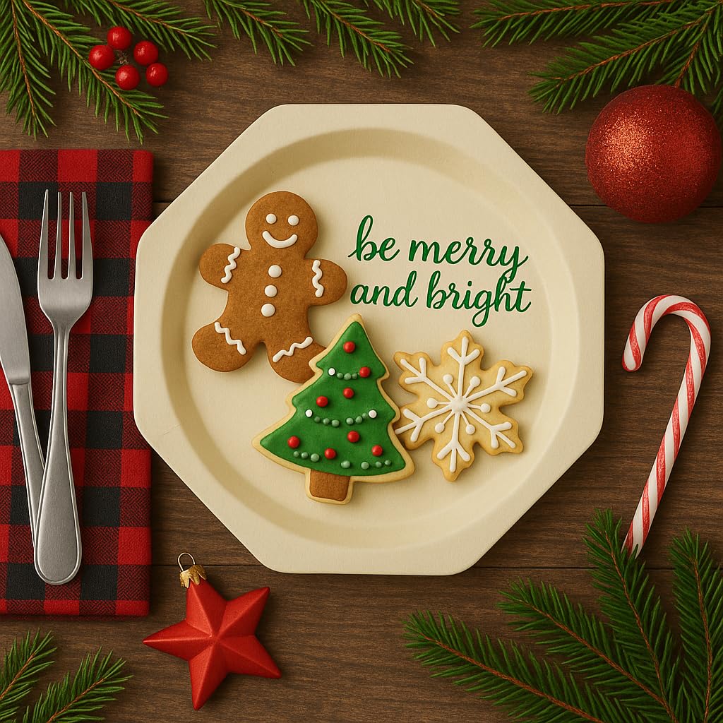 Perfectware Disposable Wooden Christmas Plates, 10.2 Inch Octagon Shape, Be Merry and Bright Green Print, 25 Count