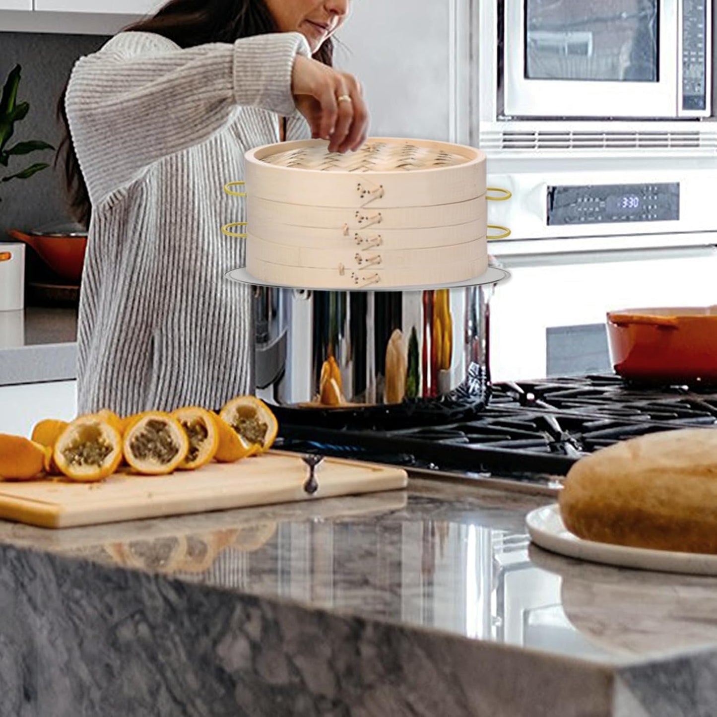 MacaRio Bamboo Steamer Basket Set 10 inch Steamer for Cooking, with Side Handles, Ring Adapter, Paper Liners, for Dim Sum Dumplings Buns Seafoods Vegetables Rice Asian Foods