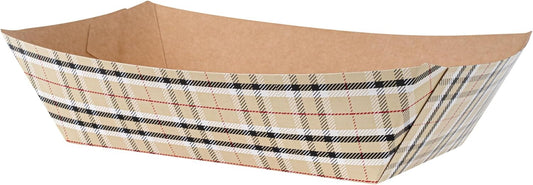 Restaurantware Bio Tek 2 Pound Food Boats 200 Disposable Paper Food Trays - Heavy-Duty Greaseproof Plaid Paper Boats For Snacks Appetizers Or Treats Use At Parties Or Carnivals