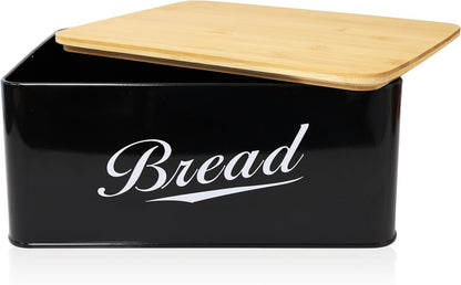 RoyalHouse Modern Metal Bread Box with Bamboo Cutting Board Lid, Bread Storage Container for Kitchen Counter, Vintage Kitchen Decor Organizer - Black